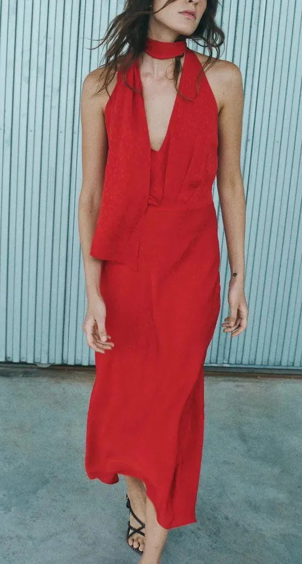 Zara midi dress Elegant Red Halter prom wedding cocktail party satin - Image 11