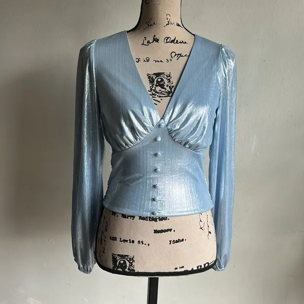 Anthropologie Flat White Shine Blue Iridescent Blouse Size XS NWT - Image 4
