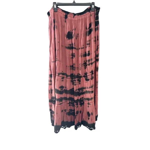 Mauve Black Tie Dye Tiered Maxi Skirt Viscose Boho Lace Trim Free‎ Size India - Image 2