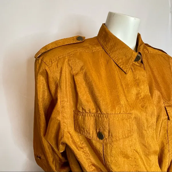 Vintage Copper‎ Blouse Epaulets Button-Up Crinkly Fabric Front Pockets Shirt Top - Image 11