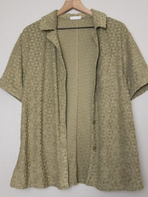 Avec Les Filles Textured Button Down Shirt S Triangle Terrycloth Olive Cover Up - Image 9