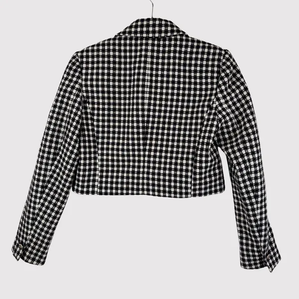 ZARA Womens Blazer Black Double Breasted Plaid Cropped Tweed Jacket Notched XS - Image 3