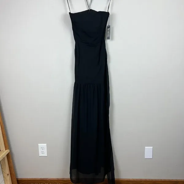 White Vera Wang Dress Womens 8 Black Crinkle‎ Chiffon Trumpet Hem Strapless Gown - Image 8