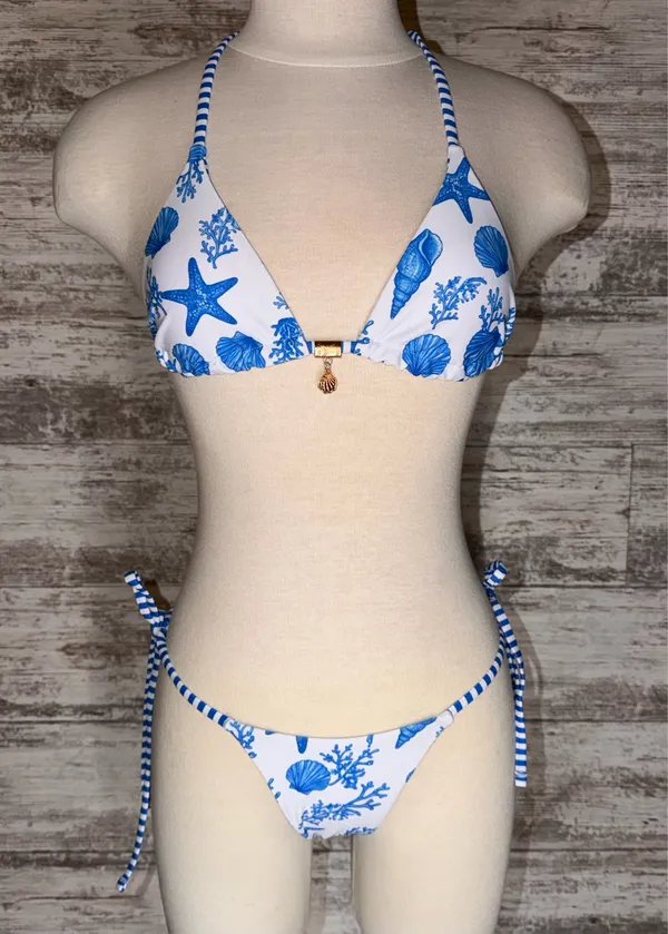 Two Piece White and Blue Reversible Bikini Set  - Image 7