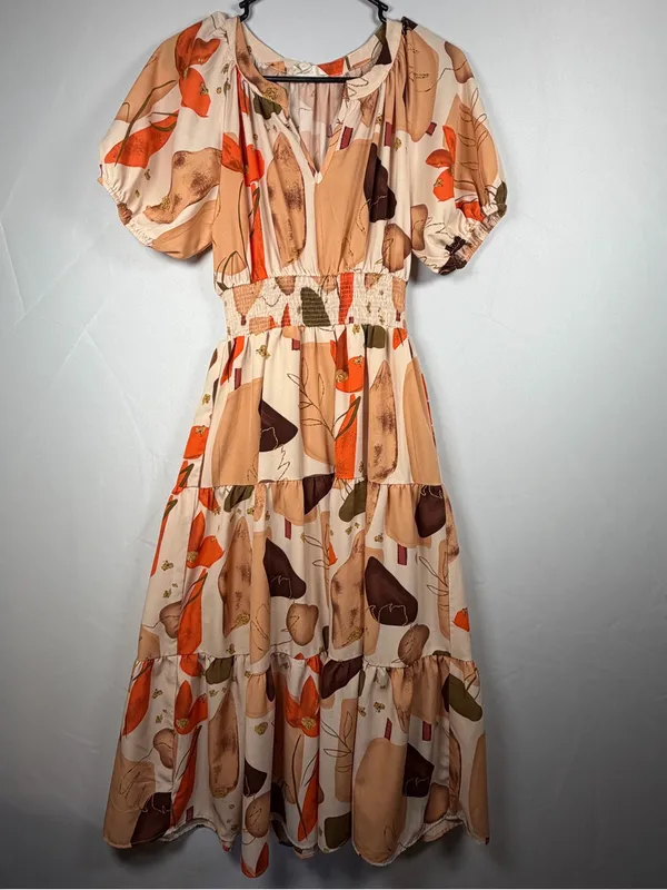 Entro Women’s Floral Midi Dress Size S Beige Orange Smocked Puff Sleeve - Image 2
