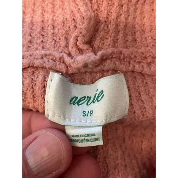 Aerie Sweater Womens Small Pink Waffle Knit Hooded V Neck Pullover Cozy Slouchy - Image 9