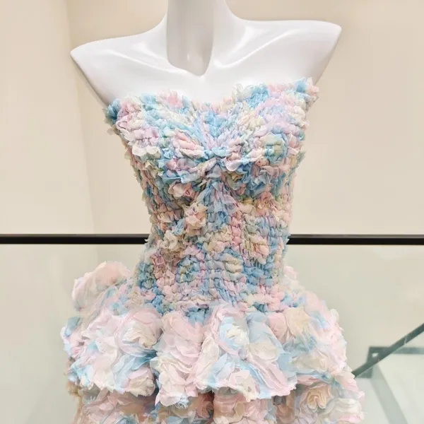 Women Pastel Strapless Mini Dress 3D Floral Ruffle Tiered Skirt Smocked Bodice Twisted Front - Image 2