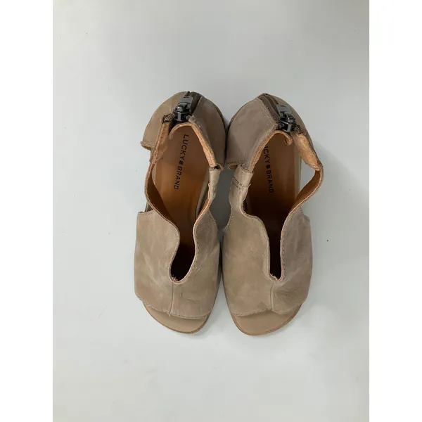 Lucky Brand Taupe Leather Cutout Peep Toe Block Heel‎ Booties Sandals Womens 8M - Image 5