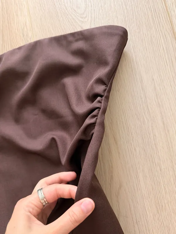Chocolate Brown Satin Strapless Ruched Going Out Top - Image 2