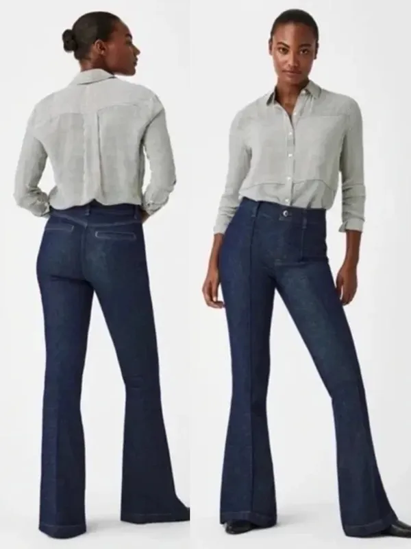 SPANX • Pintuck Flare Jeans pull on high rise bell bottom Raw Indigo dark wash - Image 13