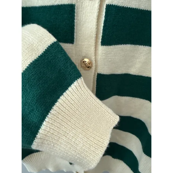 Long Sleeve Crew Neck Button Up Striped Sweater Cardigan Green White Size Large - Image 8