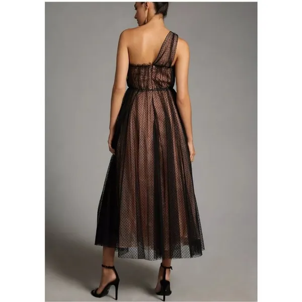 Anthropologie Black Tulle Dot One Shoulder Maxi Dress - Image 4