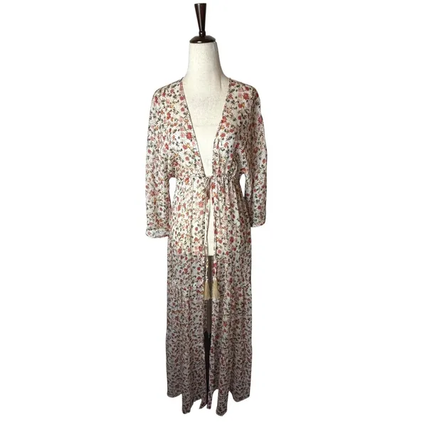 Pink Lily Floral Maxi Duster Women Small Ivory Tassel Boho Resort Cover Up Sheer - Image 2