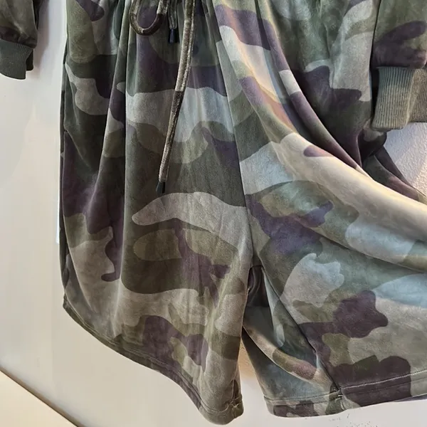 Ashley Stewart Romper.Size 14/16. Camo Velour Drawstring Hoodie Long SL Full Zip - Image 7