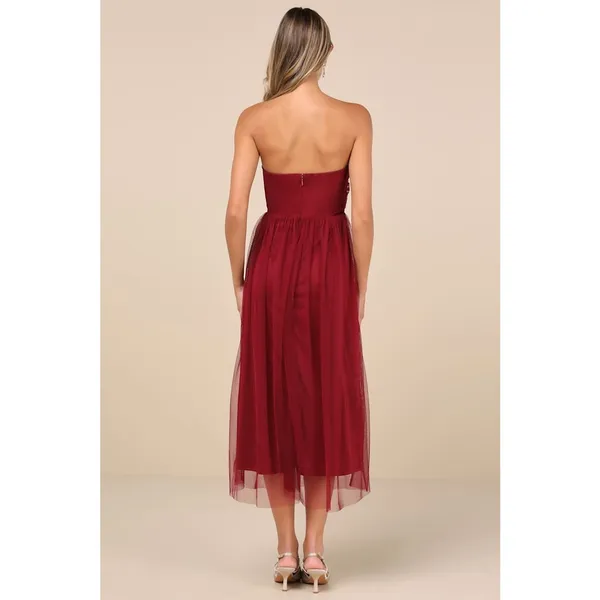 NWT Lulus Perfect Whimsy Burgundy Mesh Strapless Midi Dress Gala Banquet Size L - Image 3