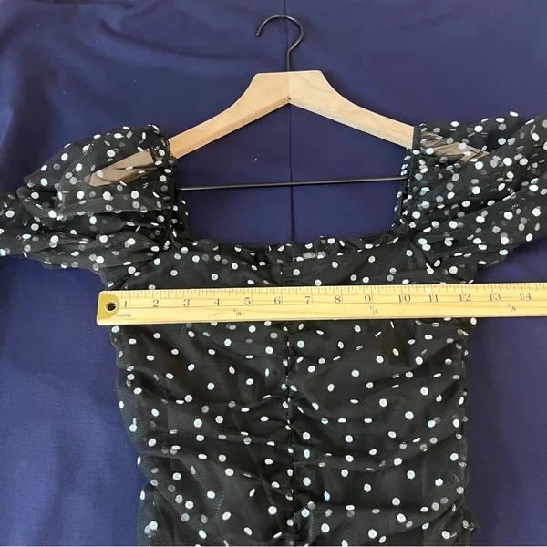 H&M Black & White Polka‎ Dot Mesh Puff Sleeve Ruffle Trim Ruched Mini Dress XXS - Image 13