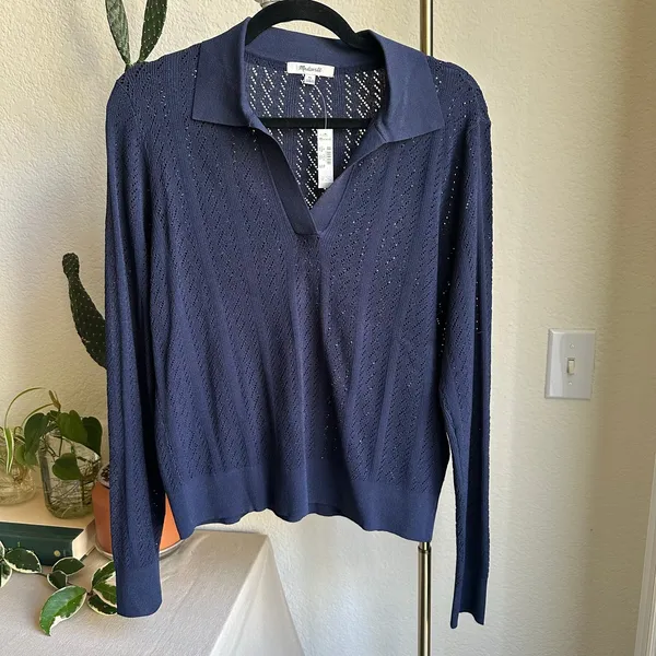 Madewell Navy Pointelle-Stitch Polo Sweater - Image 3
