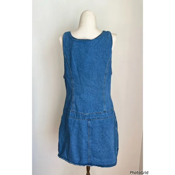 Vintage Y2K On Fire Denim Overall Dress Zipper Pockets Medium - Image 2
