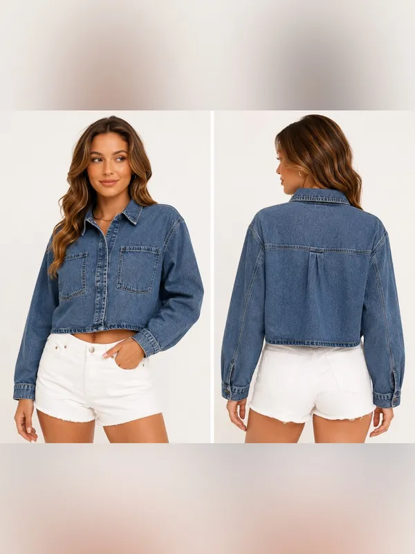 Ultra Flirt Denim Overshirt Women’s Large Cropped Blue Snap Front Shirt Jacket - Image 2