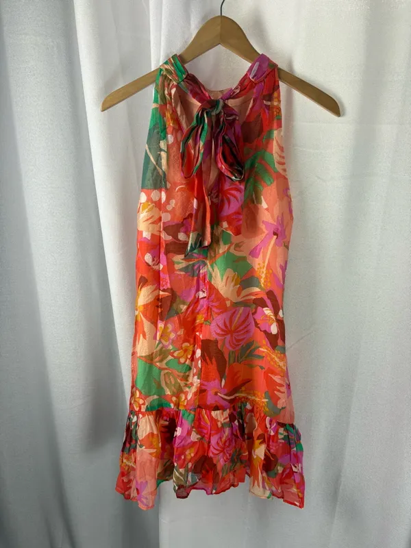 1. State pink, orange and green leaf halter‎ mini dress Size Medium NWT - Image 4