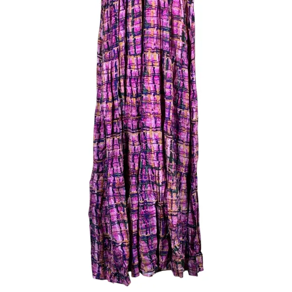 Entro Abstract Plaid Tiered Maxi Dress Purple Boho Flutter Sleeve Size S - Image 3
