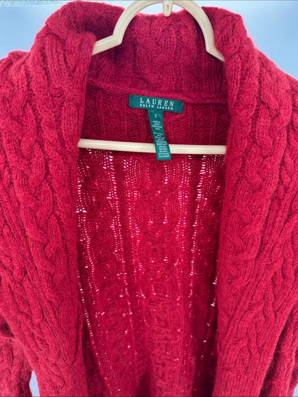 Ralph Lauren Red Cable-Knit cowl neck Cardigan S open front wool mohair angora - Image 7