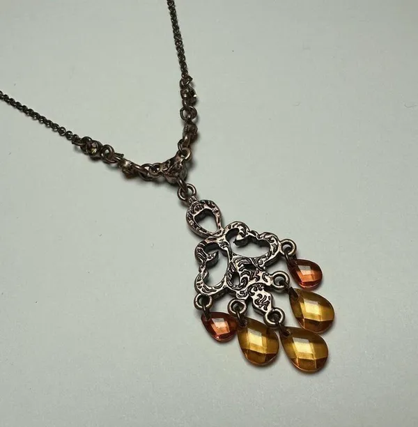 1928 Collection Rhinestone Pendant Copper Tone Necklace Orange / Amber Shades - Image 10
