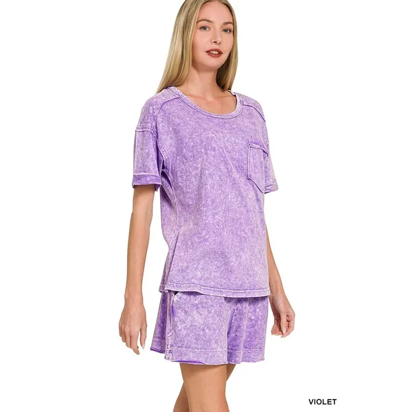 Zenana Halo Snow Washed Exposed Seam Top & Shorts Set - Violet - Small‎ - Image 2