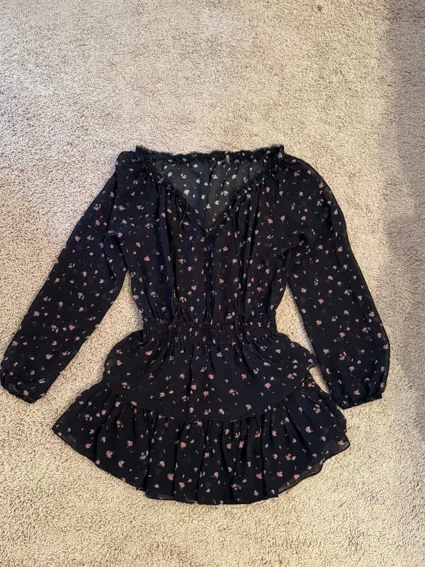 Love Shack Fancy Black And Pink Floral Mini Dress with Ruffles - Image 3