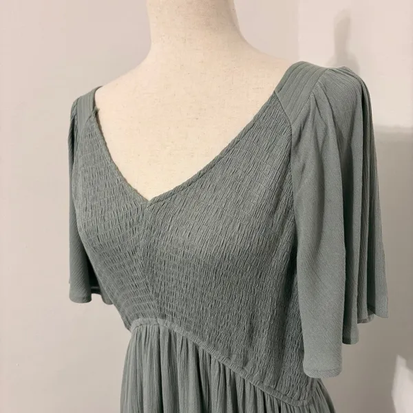 JODIFL PinkBlush Green Smocked Ruffle Midi Dress Sz L - Image 2
