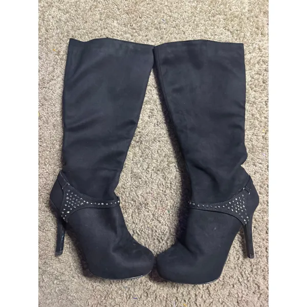 Madeline girl Women Black Faux Suede Studded Stiletto Knee High Boots Size 7.5 M - Image 3
