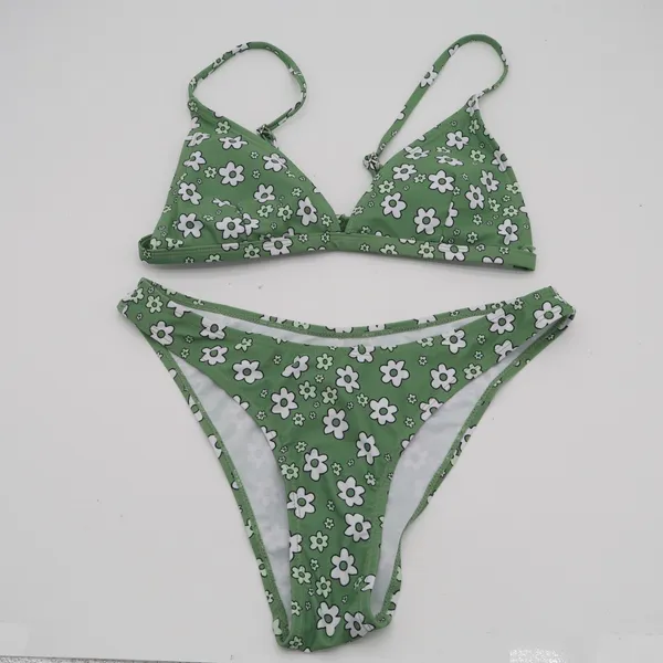 2 Piece Triangle Bikini Set Womens S Green White Floral Stretch Spaghetti Straps - Image 2