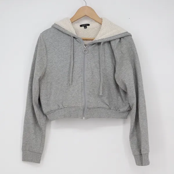 Ambiance Womens Gray Cropped Sherpa Lined Zip Up Hoodie Sweatshirt Large - Image 2