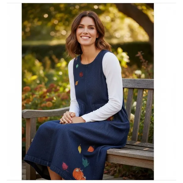Westbound VTG Denim Jumper midi dress Pumpkin Fall Harvest print Size M Thanksgiving 90's - Image 5