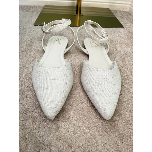 New Seychelles Memory Foam Footbed Pointed Toe Linen Strap Flats Size 10M Cream - Image 3