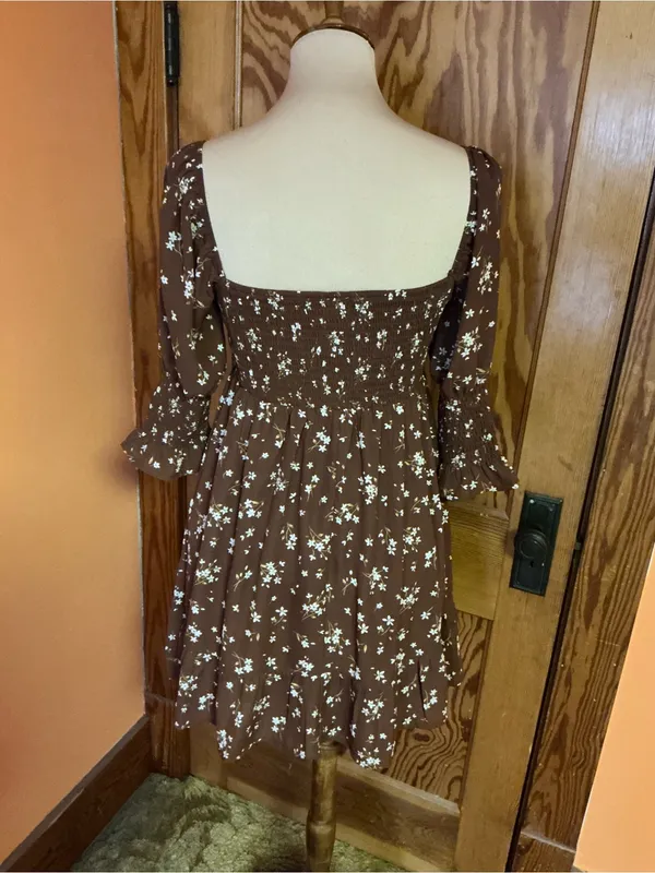 Blue Rain Floral Babydoll Mini Dress Medium Cottagecore Brown Sheer Sleeve - Image 8