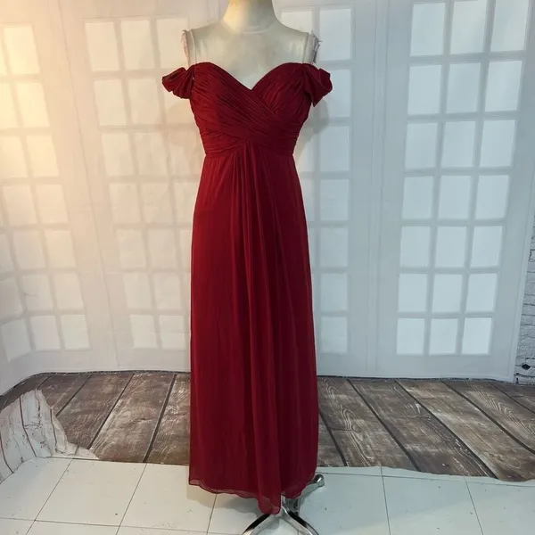 Dessy Collection 2844 Burgundy Off The Shoulder Chiffon Bridesmaid Dress Size 0 - Image 3