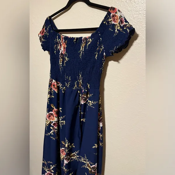 Omonsim Navy Floral Off-Shoulder Maxi Dress | Asymmetrical Hem Boho Romantic - Image 3