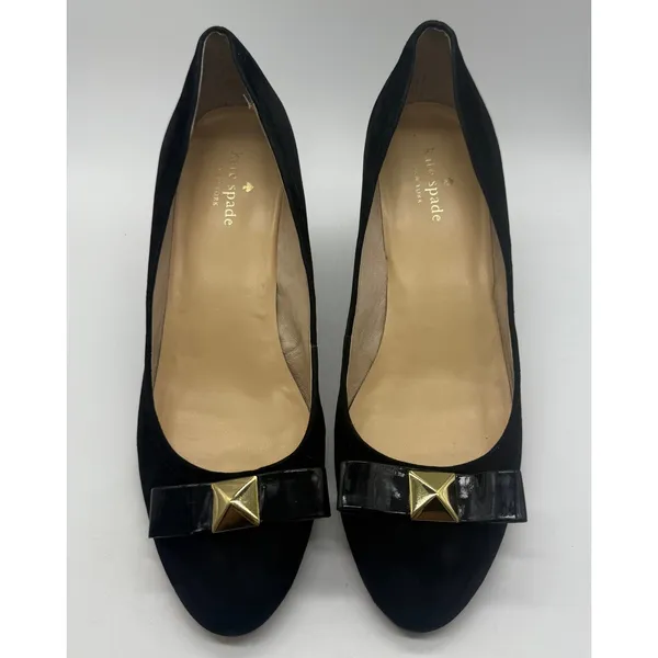 Kate Spade Black Suede Wedge Heels with‎ Patent Bow and Gold Studs - Size 10M - Image 2