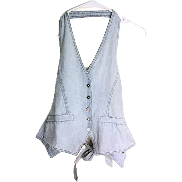 NWT Nasty Gal Chambray Halterneck Top Light‎ Wash Tie Back Size 2 - Image 3