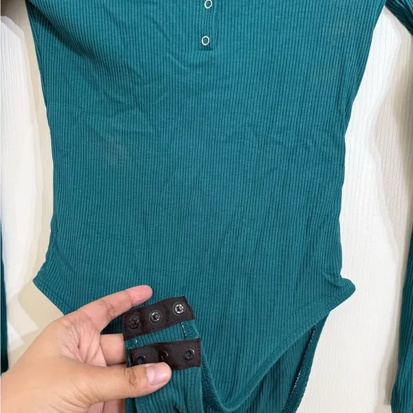 Topshop Teal Green Ribbed Long Sleeve Bodysuit - Image 4