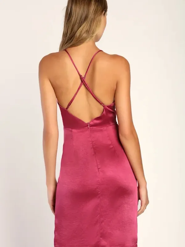 Lulus S Small Hot Night Out Magenta Satin Surplice Faux-Wrap Dress Wedding Guest - Image 4