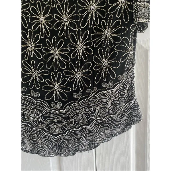 Laurence Kazar Vintage Beaded Top Womens Size L Black Silk Floral Sequin Evening - Image 7