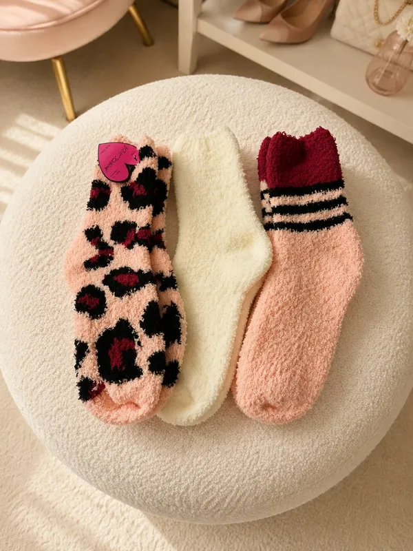 Betsey Johnson Fuzzy Socks 3-Pair Set Leopard Stripe Pink Cream NWT - Image 3