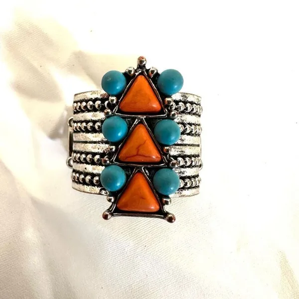 Blue and orange silver tone stretchy ring - Image 2