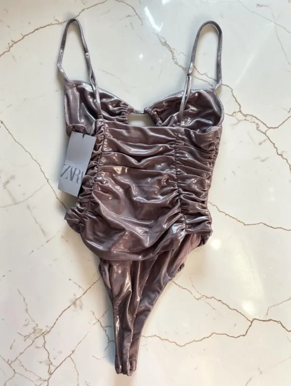 Zara Ruched Metallic Bodysuit in Bronze - Image 2