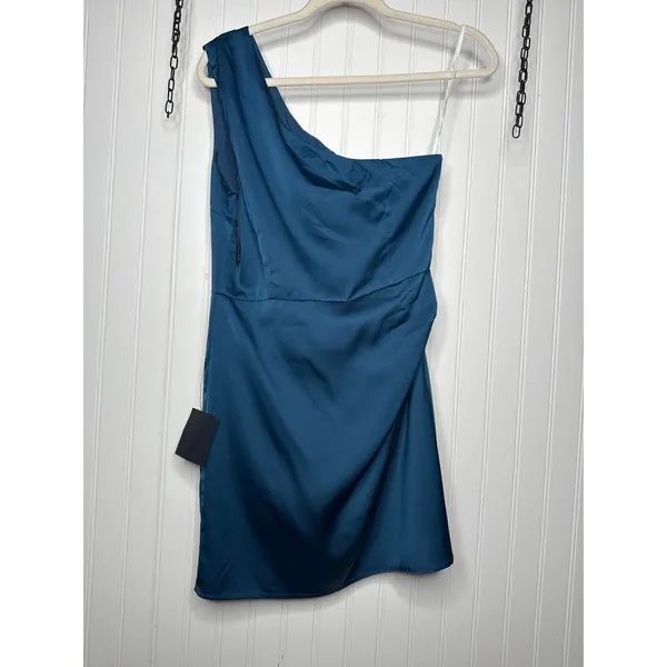 NWT Lulus Love Me Tonight Navy Blue Satin One-Shoulder Mini Dress Party Size M - Image 3