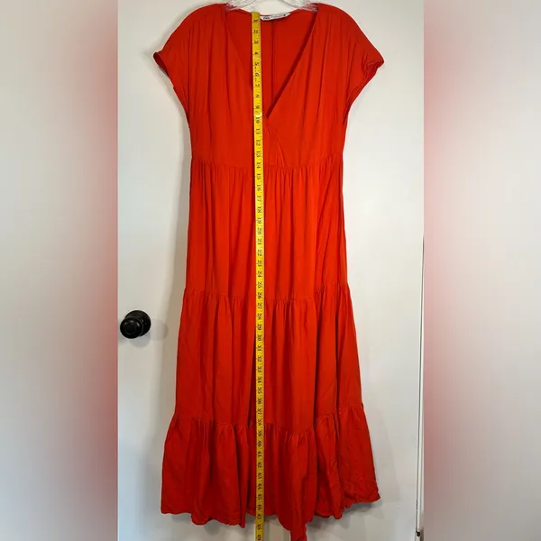 Zara‎ Tiered Midi Dress Short Sleeve V-neck Wrap Flounced Hem Red/ Orange XS - Image 3