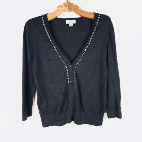 LOFT Gray Cardigan Rhinestone Trim Sz Medium - Image 5
