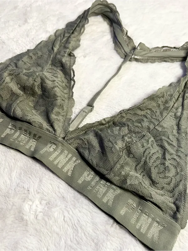 VS PINK Olive Green Lace T-Back Bralette Size Medium Wireless Comfort Bra - Image 4